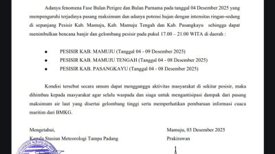 Waspada! BMKG Terbitkan Peringatan Dini Banjir Pesisir di Mamuju, Mamuju Tengah, dan Pasangkayu Hingga 9 Desember 2025